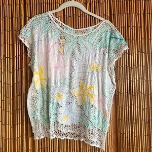 1990s vintage net embroidered sleeveless tropical flower Hawaiian shirt ‘80s